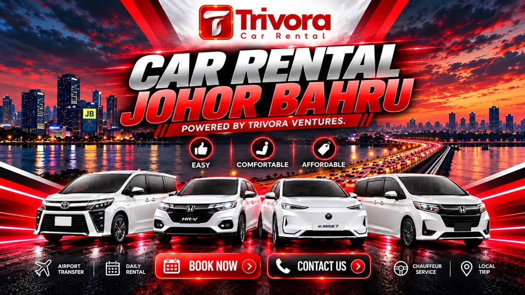 Trivora Car Rental: car rental in Johor Bahru. Easy, comfortable, affordable. Airport transfer, daily rental, chauffeur service and local trips.